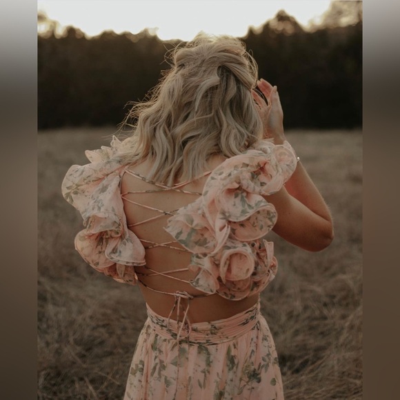 Mac Duggal 67803 Floral Chiffon Cutout Ruffle Shoulder Ball Gown Maxi Dress sz 8 - Picture 13 of 15